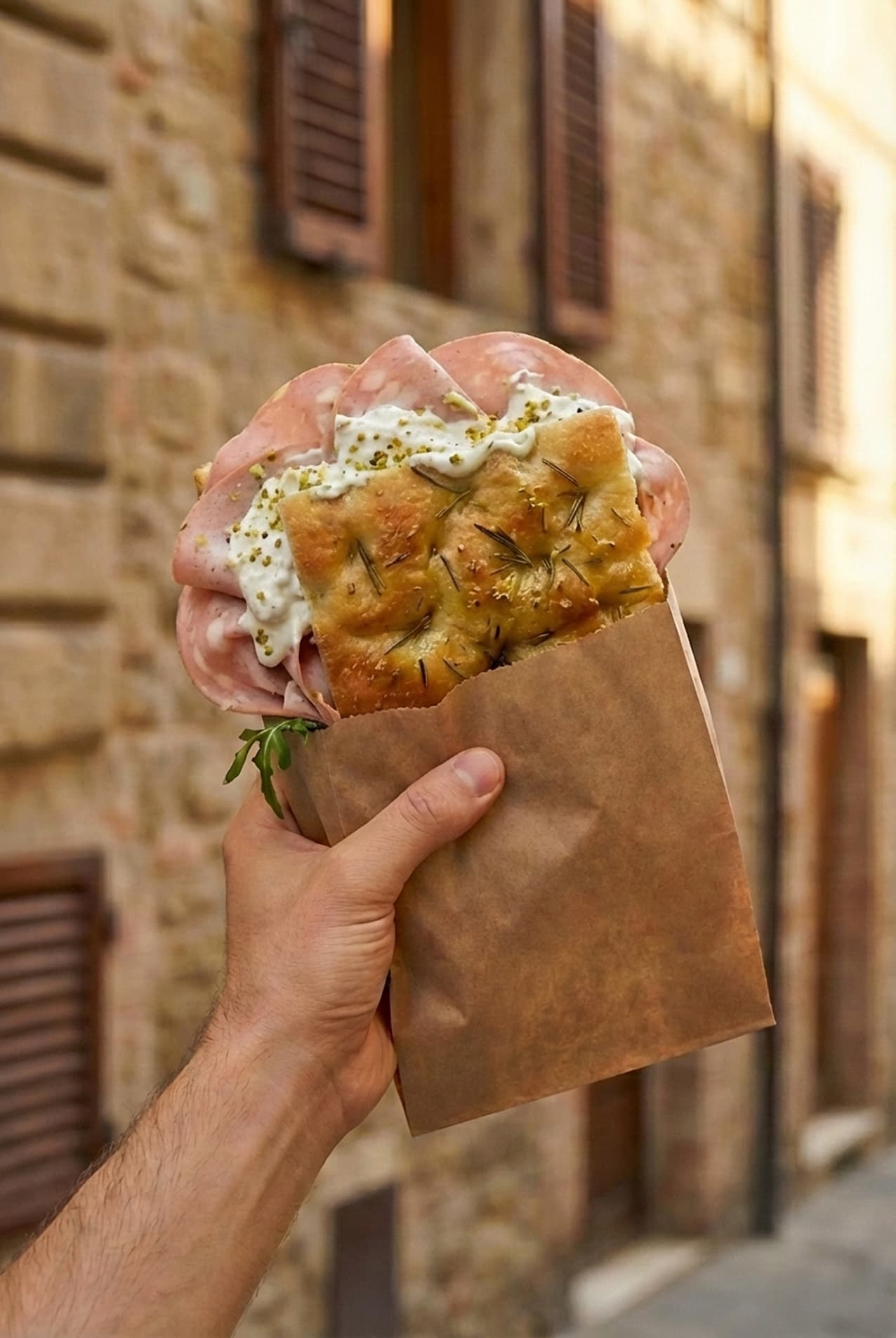 Tuscan-filled focaccia with mortadella, stracchino, and roasted potatoes